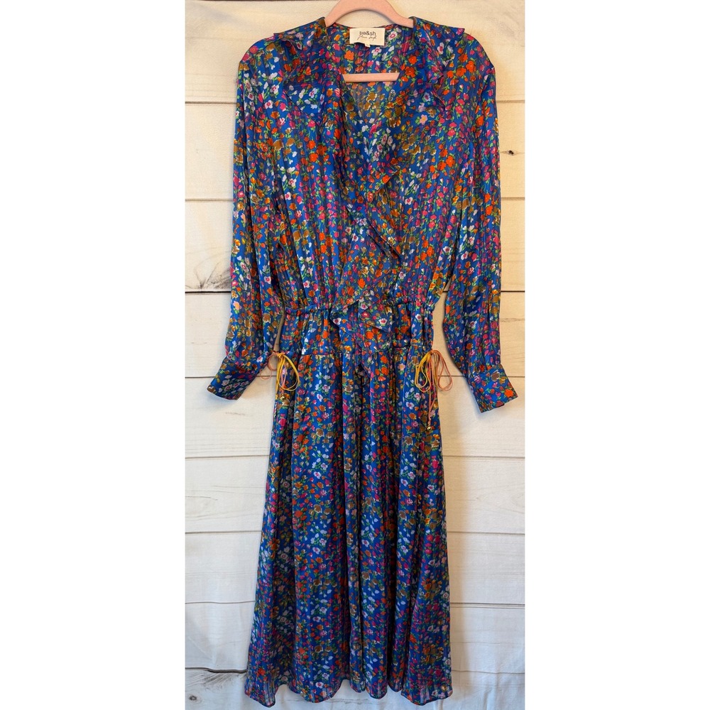 Ba&sh Johanna Senyk Lady Dress Blue Floral Metallic Stripe Midi Ruffle Size 1
